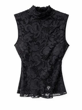 Josie Natori Black Lace Mock Neck Top Sleeveless Zip Back Lined Small